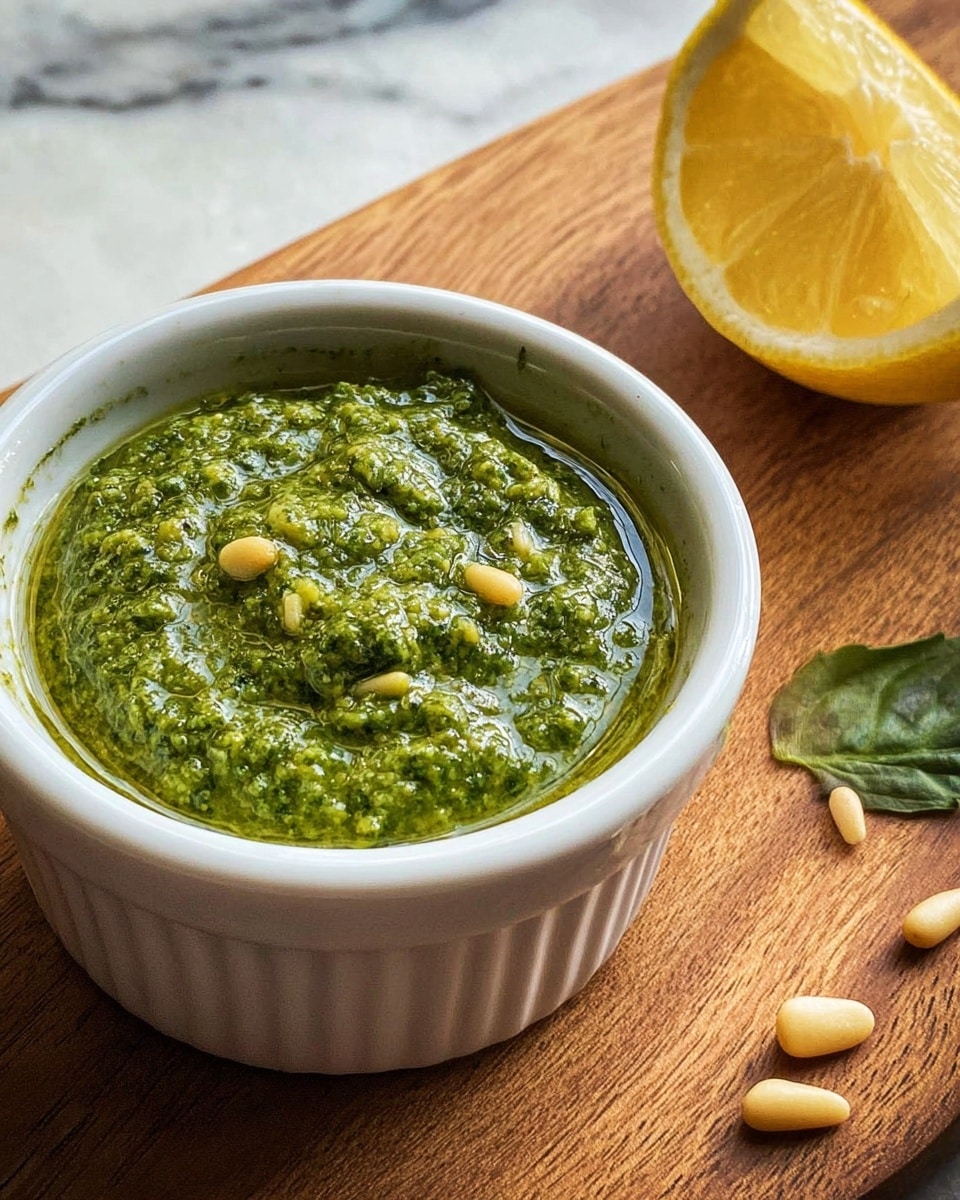A white round ramekin filled with green pesto sauce that has a slightly chunky texture with bits of pine nuts visible. The ramekin is placed on a wooden board beside a wedge of bright yellow lemon on the right and a few whole pine nuts scattered near it. The surface under the board shows a white marbled texture. photo taken with an iphone --ar 4:5 --v 7