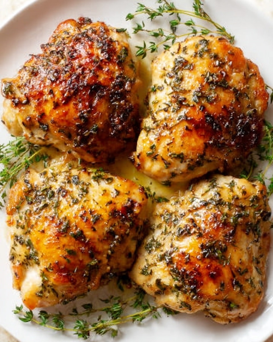 Four cooked boneless skinless chicken thighs with golden brown and crispy skin covered with small green herb pieces, arranged close together on a white plate. Sprigs of fresh green thyme are scattered around and over the chicken pieces, adding freshness to the look. The chicken has a juicy, slightly shiny texture with uneven browning, showing it is well cooked. The background is a white marbled surface. photo taken with an iphone --ar 4:5 --v 7