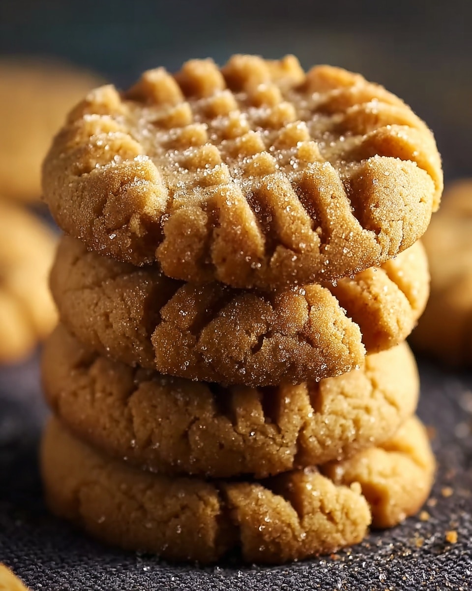 A close-up view shows a stack of four golden brown cookies with a crumbly texture. The top cookie has a crisscross pattern pressed into it and is sprinkled with sugar crystals that glisten under the light. The edges of each cookie are slightly rough and cracked, showing the softness inside. The stack is set on a coarse dark fabric surface that contrasts with the warm color of the cookies. The focus highlights the top two cookies, while the others blur softly behind. photo taken with an iphone --ar 4:5 --v 7