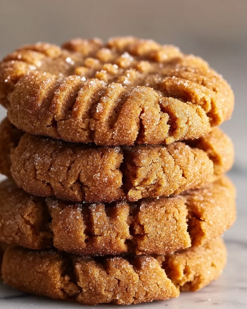A close-up of a stack of four peanut butter cookies, each cookie showing a rough, crumbly texture with visible cracks and a golden brown color. The top cookie has a crisscross fork pattern pressed into it, with some sugar crystals sprinkled lightly over the stack, catching the light and adding a slight sparkle. The cookies are stacked directly on a white marbled surface, their edges slightly uneven, showing a homemade feel. photo taken with an iphone --ar 4:5 --v 7