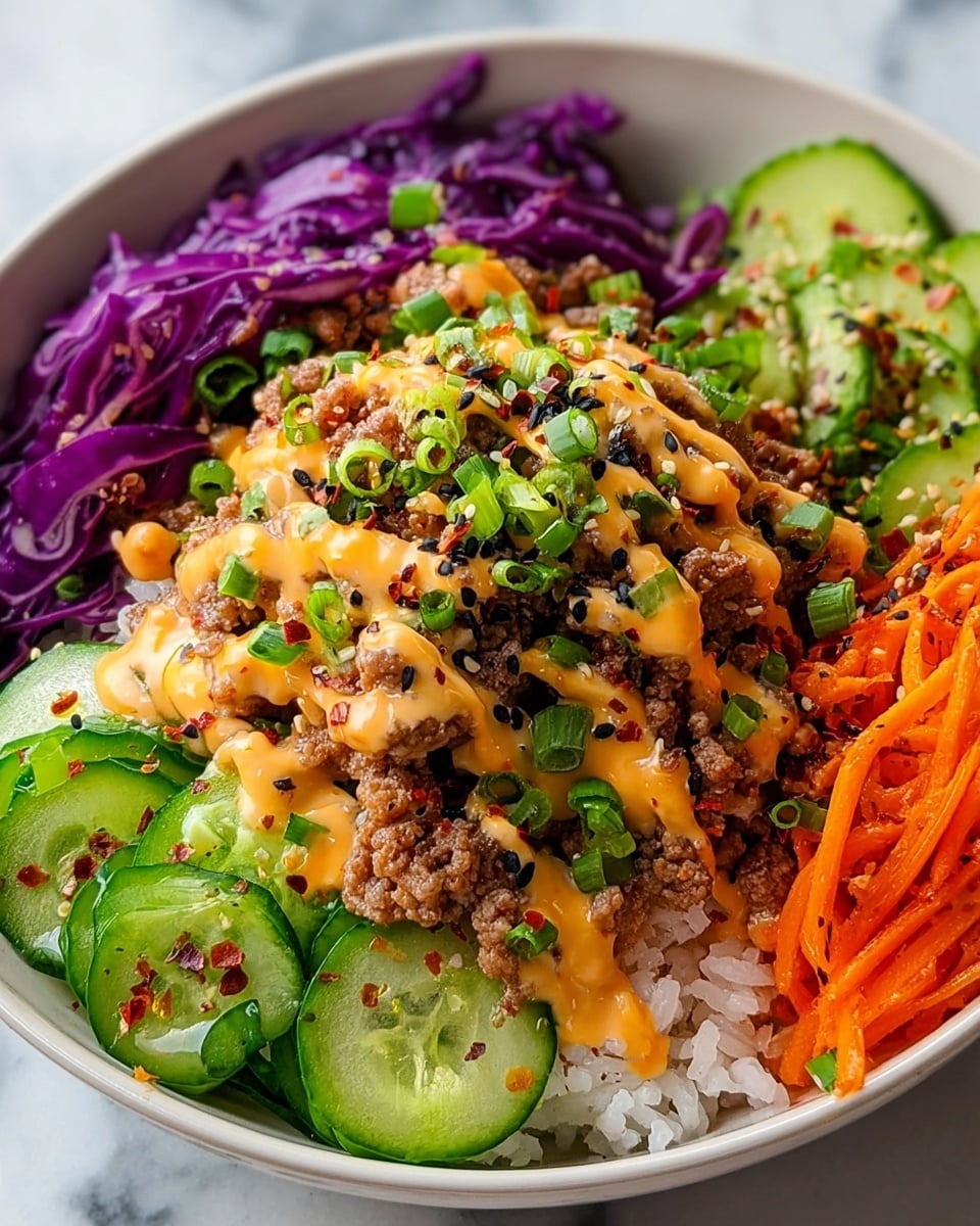 A white bowl filled with layers starting at the bottom with white rice, topped with vibrant purple cabbage on one side and fresh, thinly sliced green cucumbers on the other. There are bright orange shredded carrots adding color at the back edge of the bowl. In the center sits a generous mound of cooked ground meat, drizzled with a creamy orange sauce. The dish is garnished with chopped green onions and sprinkled with black sesame seeds and red pepper flakes, all set against a white marbled surface. Photo taken with an iphone --ar 4:5 --v 7