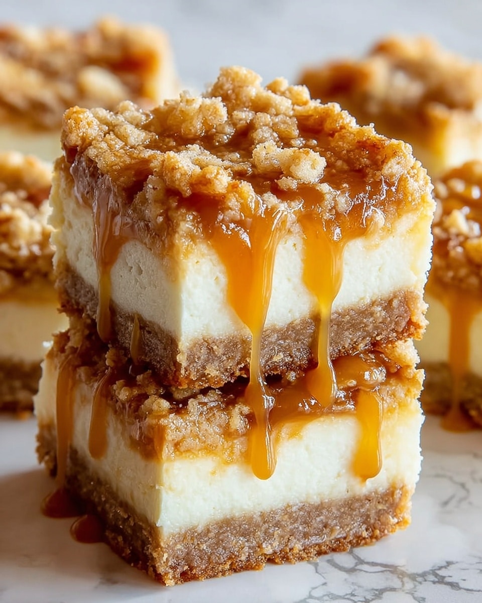 The image shows a stack of square dessert bars with three clear layers. The bottom layer is a thick, crumbly light brown crust. The middle layer is smooth and creamy white, resembling cheesecake. The top layer is a golden crumb topping with small pieces and a rough texture. Caramel sauce with a shiny, rich amber color is drizzled over the top and running down the sides of the bars. The dessert is set on a surface with a white marbled texture, giving a clean and bright background. photo taken with an iphone --ar 4:5 --v 7