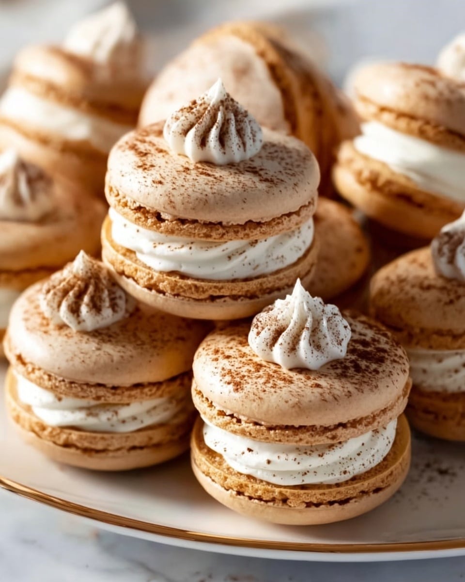 The image shows a close-up of several light brown macarons stacked on a white plate, placed on a white marbled surface. Each macaron has two smooth, round top and bottom layers with a slightly cracked edge texture. In the middle, there is a thick swirl of white cream filling with a dusting of cocoa or cinnamon powder on top and in the filling. On top of each macaron, there is a small dollop of piped cream with the same powder sprinkled over it. The macarons are piled closely together, filling the plate. photo taken with an iphone --ar 4:5 --v 7