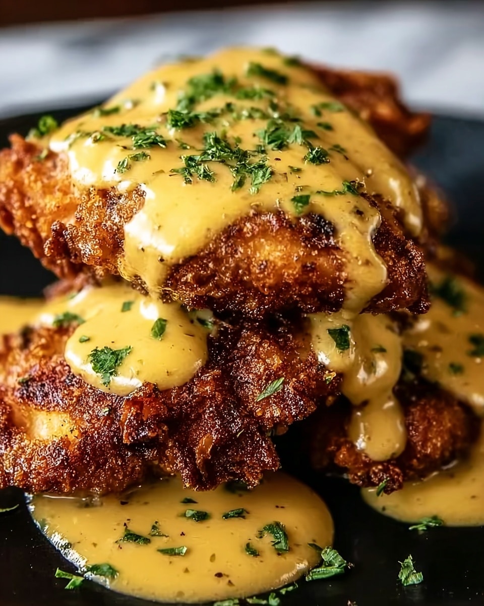 The image shows a close-up of three stacked crispy fried chicken pieces with a rough, golden-brown textured crust. Each piece has a warm, crunchy appearance and is covered by a thick layer of smooth, creamy yellow mustard sauce that drips down the sides. Small green parsley leaves are scattered on top of the sauce and around the base, adding a fresh contrast. The dish is set on a white marbled textured surface. photo taken with an iphone --ar 4:5 --v 7