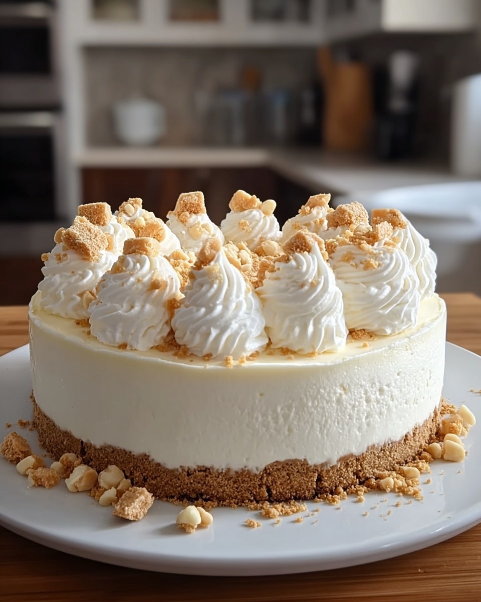 A round cheesecake sits on a white plate, showing three visible layers: the bottom layer is a crumbly, golden brown crust, the thick middle layer is smooth, creamy white cheesecake, and the top layer is decorated with large dollops of white whipped cream arranged evenly around the surface. Each whipped cream dollop is topped with light tan crumbs and small white chunks. Some crumbs are scattered around the base on the plate. The background features a soft focus of a kitchen with wooden surfaces, and the cake is placed on a white marbled countertop. Photo taken with an iphone --ar 4:5 --v 7