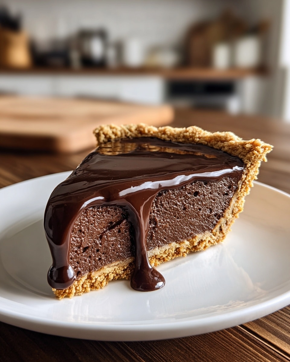 A single slice of chocolate pie sits on a white plate, placed on a wooden table with a blurred kitchen background. The pie has three visible layers: a light brown crispy crust at the bottom with a slightly crumbly texture, a thick dark brown chocolate filling in the middle that looks smooth and dense, and a glossy, rich chocolate ganache on top, dripping slightly over the edges. The crust edge is golden and crimped, giving a homemade feel. The light reflects smoothly on the shiny ganache surface. Photo taken with an iphone --ar 4:5 --v 7