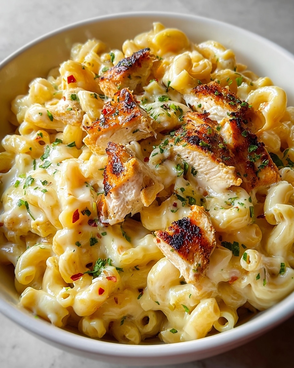 A close-up of a bowl filled with creamy macaroni pasta covered in melted cheese, with several sizable pieces of grilled chicken scattered on top. The pasta is light yellow with a smooth, cheesy texture, while the grilled chicken pieces have a golden-brown char and a slightly rough surface. Small green herbs are sprinkled over the dish, adding a touch of fresh green color and tiny red flakes for a hint of spice. The white bowl sits against a white marbled texture background. Photo taken with an iphone --ar 4:5 --v 7