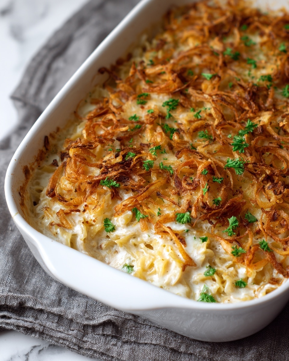 This image shows a white baking dish filled with a creamy layered pasta casserole topped with golden brown crispy fried onion rings and sprinkled with small pieces of bright green parsley. The pasta layer beneath is mixed with a smooth white cheese sauce that peeks through the browned onion topping. The edges show some baked pasta that is lightly browned and slightly curled. The dish rests on a gray textured cloth over a soft white marbled background. Photo taken with an iphone --ar 4:5 --v 7