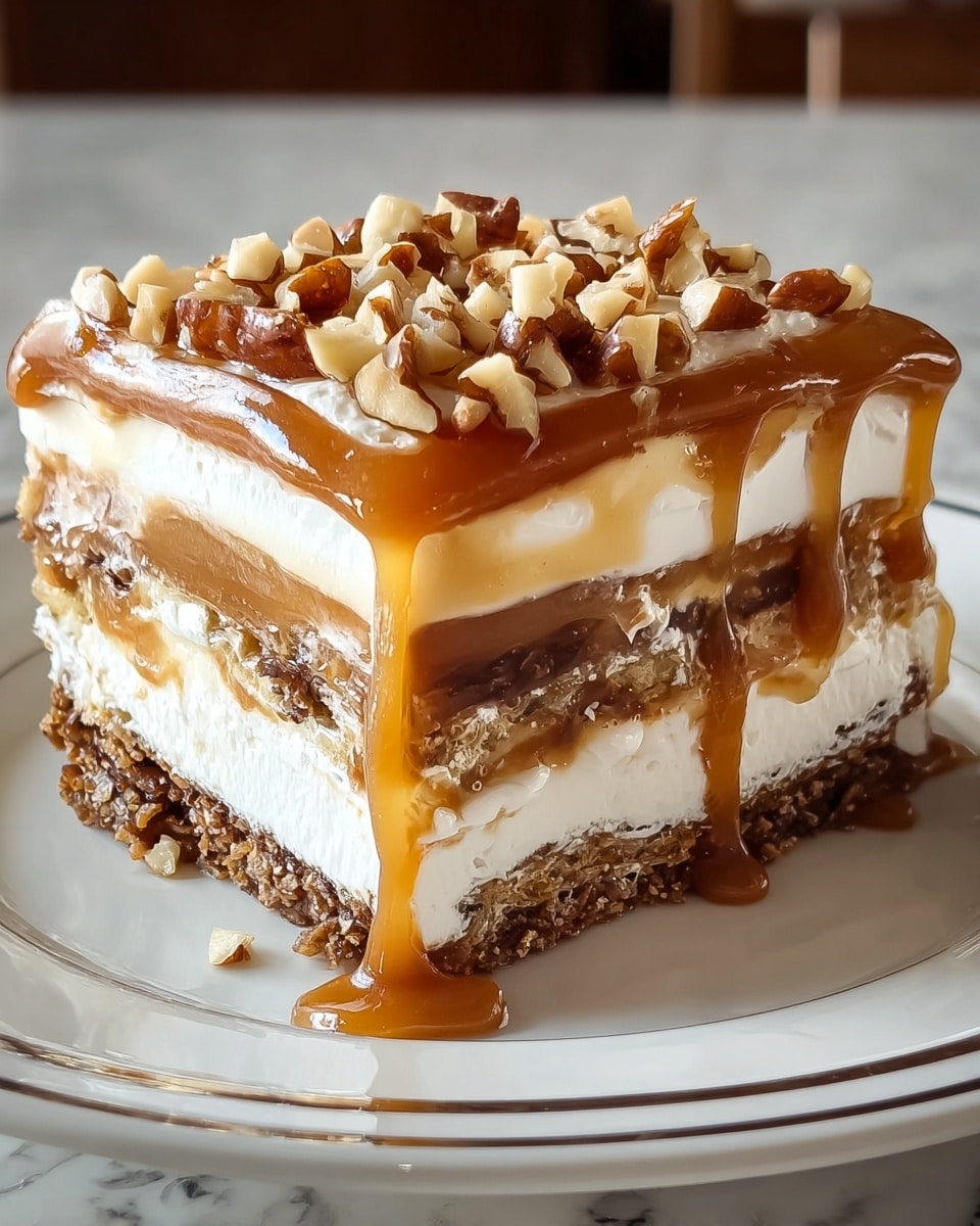 A square slice of layered dessert sits on a white plate with a thin silver rim, resting on a white marbled surface. The dessert shows five visible layers: the bottom layer is dark brown with a rough, nutty texture; above this is a creamy white layer; next is a thick caramel layer with a smooth, shiny surface; followed by another white creamy layer; and finally a drizzle of caramel sauce over the top, covered with small, uneven chunks of nuts in light brown and off-white colors. The caramel sauce slowly drips down the sides, adding a glossy finish. photo taken with an iphone --ar 4:5 --v 7