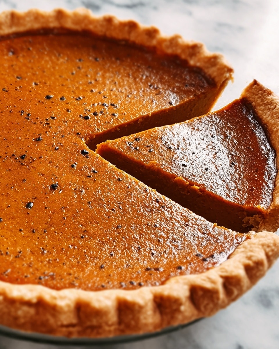 A close-up of a pumpkin pie with one slice cut out near the center, showing a smooth and slightly glossy deep orange filling with tiny black specks evenly spread across the surface. The pie has a thick, golden-brown crust with a crimped edge that surrounds the filling. It sits on a white marbled surface. The texture of the filling looks dense yet creamy, with a firm top layer. Photo taken with an iphone --ar 4:5 --v 7