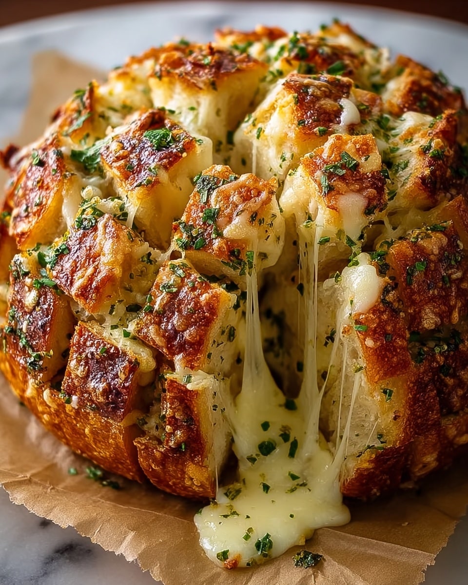A round loaf of bread scored into square segments, with each segment showing a crispy golden-brown crust on the outside. The inside of the bread is soft and light, oozing melted white cheese that stretches between the pieces. Chopped green herbs are sprinkled across the top, adding a fresh touch. The bread rests on a piece of brown parchment paper placed on a white marbled surface. Photo taken with an iphone --ar 4:5 --v 7