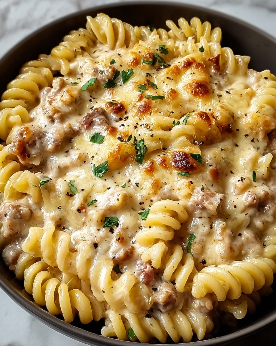 A close-up view of a creamy pasta dish in a white bowl, showing two layers: a lower layer of spiral-shaped pasta coated in a pale yellow creamy sauce with pieces of meat mixed throughout, and a top layer where the sauce has browned slightly with golden spots and melted cheese texture, garnished with small green herb leaves scattered on the surface. The pasta looks soft and richly covered in sauce, with a few black pepper specks adding texture. The bowl sits on a white marbled surface. photo taken with an iphone --ar 4:5 --v 7