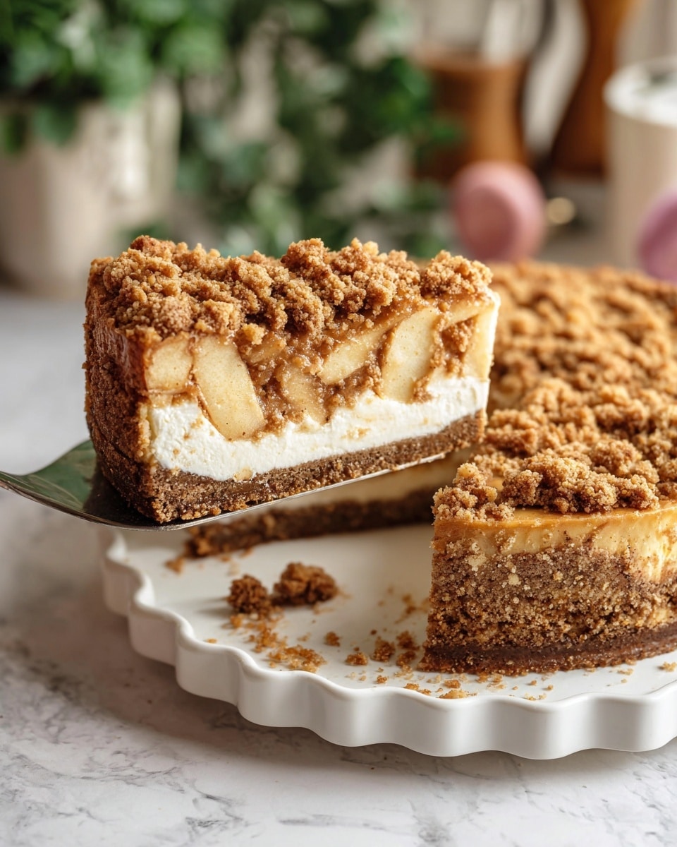 The image shows a slice of crumb-topped cheesecake being lifted from a white scalloped plate. The dessert has four visible layers: a thick, crumbly brown crust forming the base and edges, a white creamy cheesecake layer just above the crust, a layer of soft, light brown cooked apple slices on top of the cheesecake, and a crumbly streusel topping covering the apples. The crumbs are rough and golden brown, and some crumbs have fallen onto the white plate. The background is a white marbled texture with soft-focus greenery and kitchen items. Photo taken with an iphone --ar 4:5 --v 7