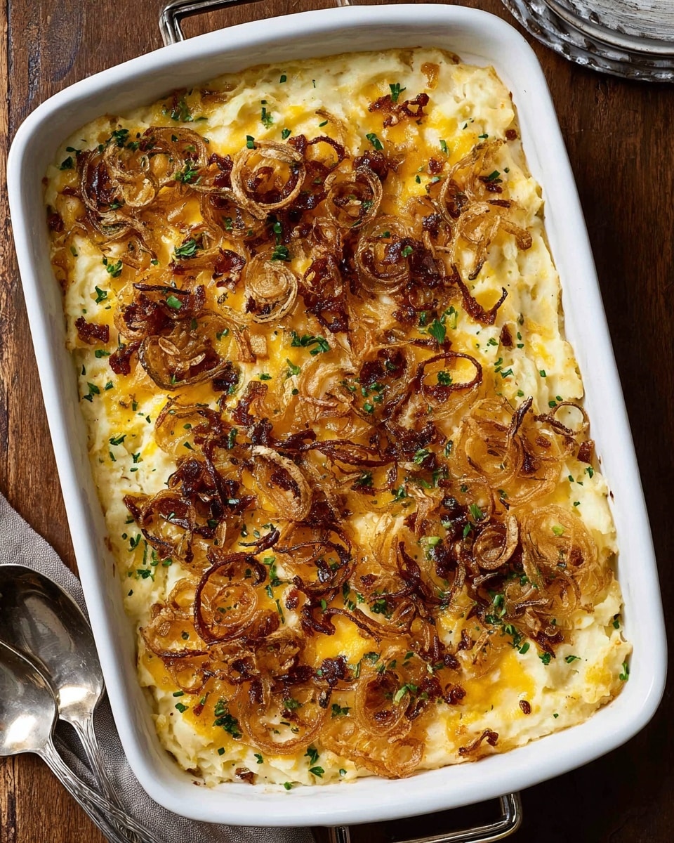 The image shows a white rectangular baking dish filled with a creamy layered casserole. The bottom layer is a soft mix of mashed potatoes with a pale yellow creamy texture. On top of this is a layer of melted cheese that is slightly golden in color. The dish is covered with crispy, thin rings of fried onions that are golden brown with some darker, caramelized edges. Small bits of chopped green herbs are scattered lightly over the top, adding a fresh contrast. The dish is placed on a wooden surface with silver serving utensils beside it. Photo taken with an iphone --ar 4:5 --v 7