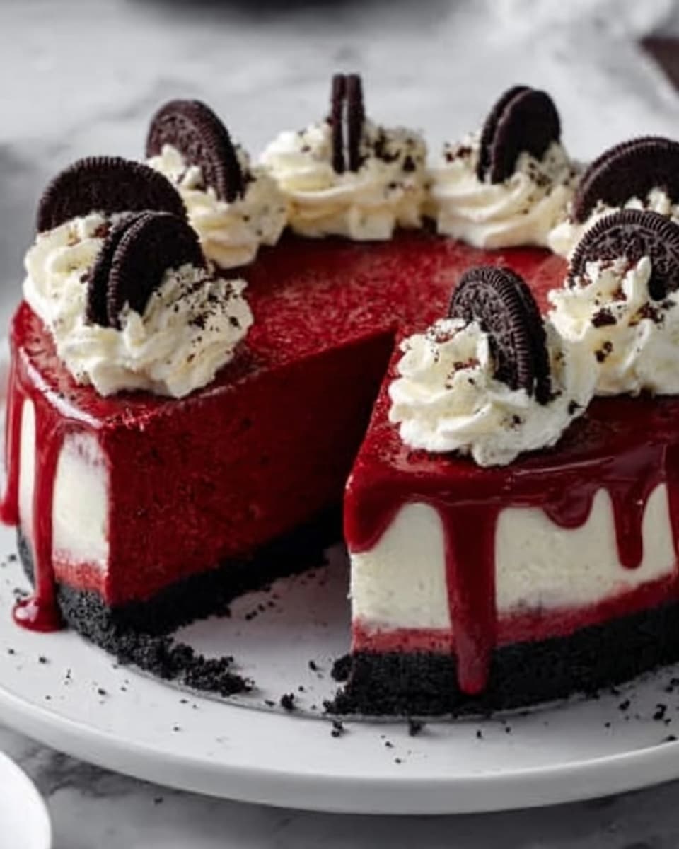 A rich red velvet cheesecake sits on a white plate over a white marbled surface, showing three layers: a black crumbly cookie base at the bottom, a thick smooth bright red middle layer of cheesecake, and a glossy red topping dripping slightly down the sides. Around the top edge, there are eight evenly spaced dollops of white whipped cream, each topped with a piece of dark chocolate cookie. One slice is cut out, revealing the creamy interior texture. Photo taken with an iphone --ar 4:5 --v 7