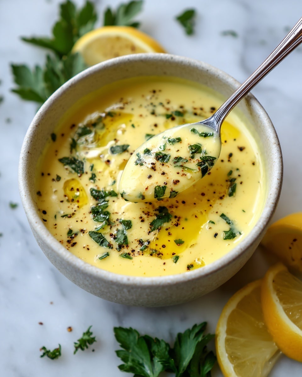 A bowl filled with creamy yellow soup that looks smooth and thick, garnished with small green herb pieces and a light drizzle of oil, sprinkled with black pepper on the surface. A spoon inside the bowl holds a scoop of the soup showing a texture with herbs mixed in. The bowl is placed on a white marbled surface, with lemon wedges and green parsley leaves around it, giving a fresh and bright look. photo taken with an iphone --ar 4:5 --v 7