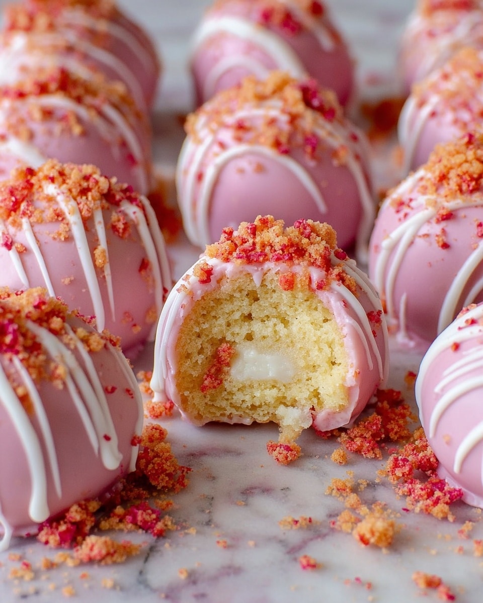 The image shows several round cake balls arranged on a white marbled surface, each coated in a smooth pink layer with a drizzle of white icing over the top. They are topped with small crumbles of red and orange crumbs that add a textured contrast. One cake ball in the center has a bite taken out, revealing three inner layers: a creamy white filling in the middle, surrounded by a soft golden cake layer, all covered by the thin pink outer coating. Crumbs are scattered around the cake balls, adding to the inviting look. photo taken with an iphone --ar 4:5 --v 7