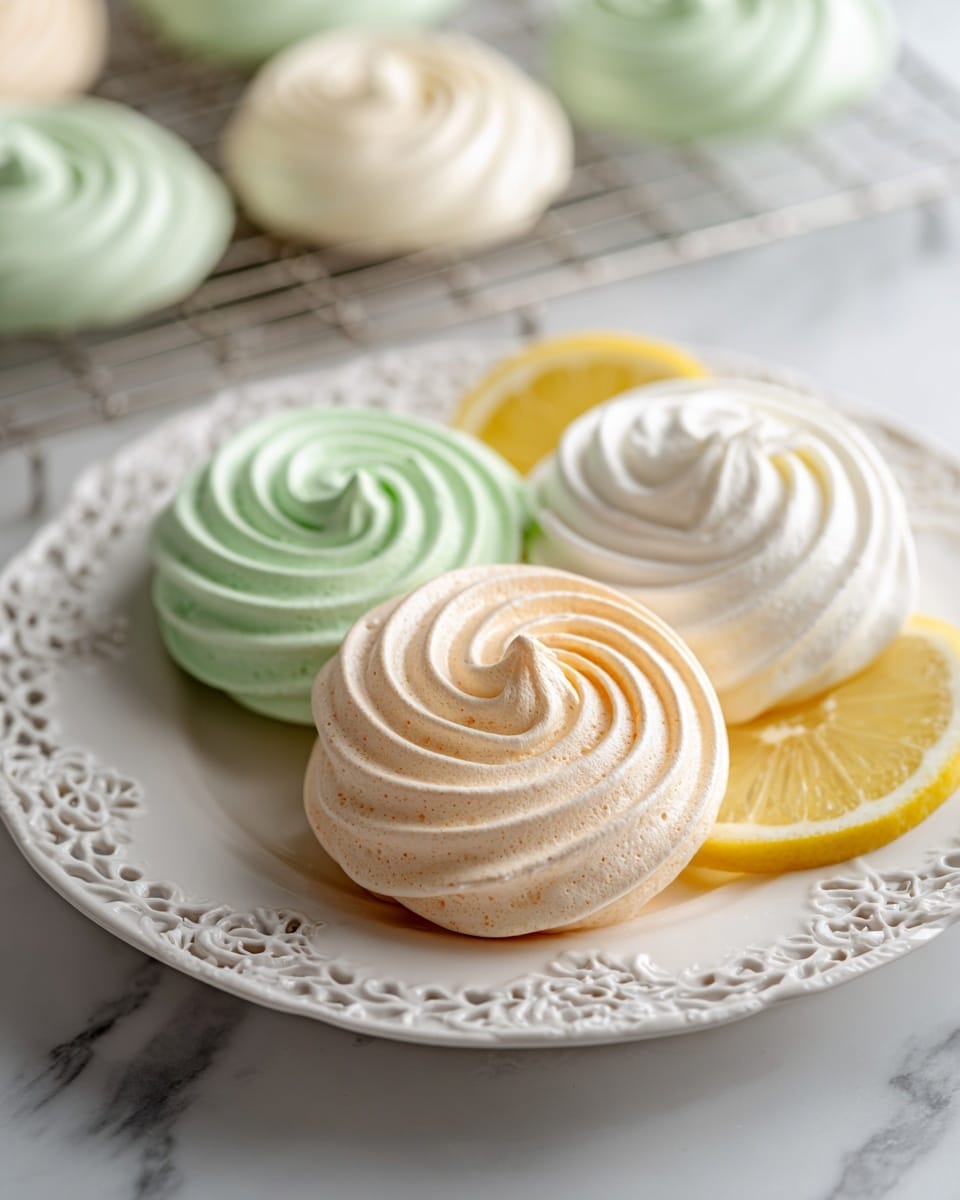 The image shows three round swirled meringue cookies on a white plate with a decorative edge, placed on a white marbled surface. At the front and center is a large peach-colored meringue with smooth, glossy texture and well-defined ridges. Behind it, slightly to the left, is a smaller green meringue with a similar swirled shape and texture. To the right, partly behind the peach one, is a creamy off-white meringue that matches the same smooth and glossy look. A lemon slice rests behind the cookies on the plate, adding a bright yellow contrast. In the background, more pastel meringues in green, creamy white, and peach are cooling on a wire rack, slightly blurred. The overall color palette is soft and pastel, with a clean, fresh, and airy feel. photo taken with an iphone --ar 4:5 --v 7