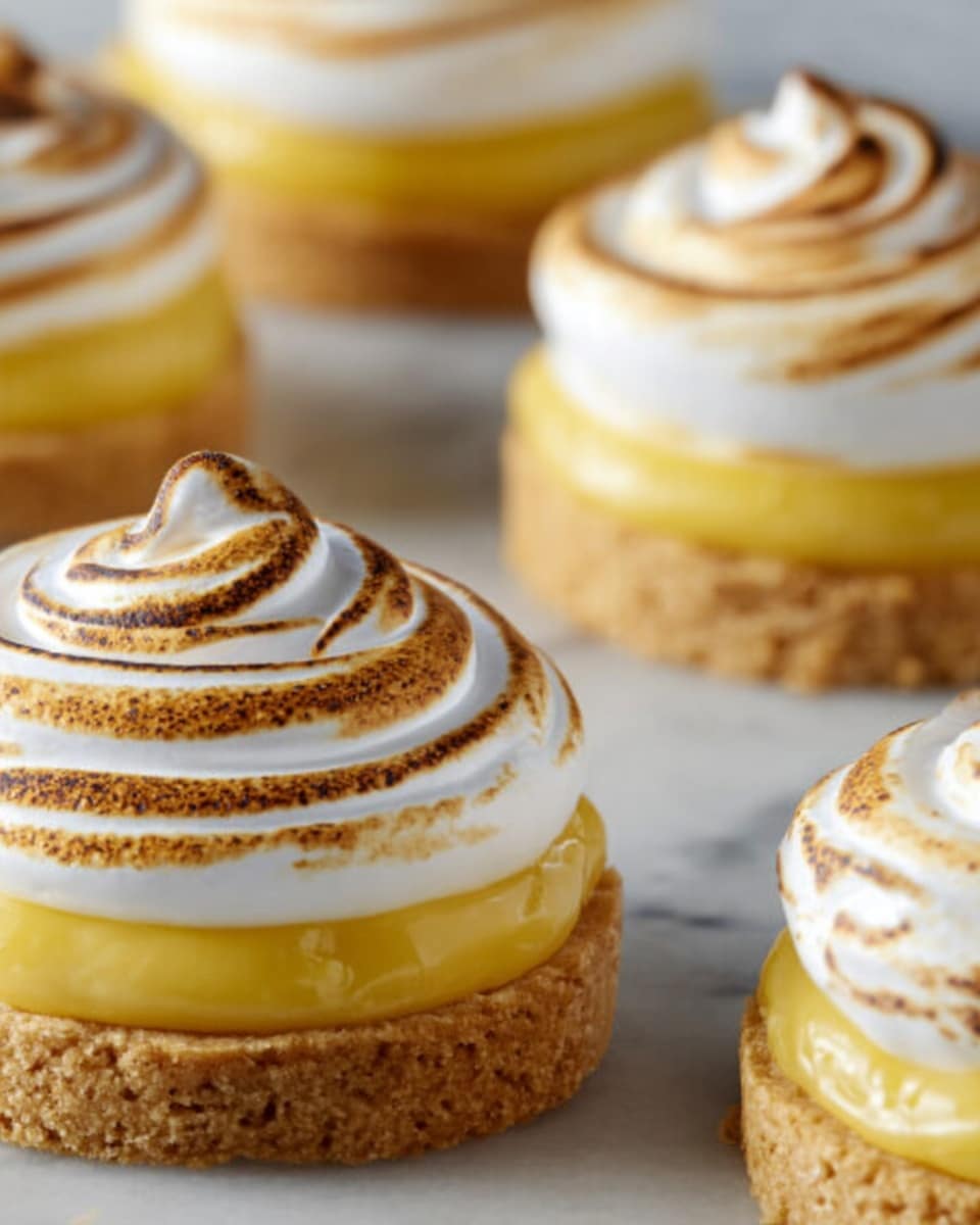 The image shows six round desserts placed on a dark baking tray. Each dessert has three layers: the bottom layer is a light brown cookie with a rough texture, the middle layer is a smooth bright yellow cream, and the top layer is a thick white meringue with toasted light brown peaks and swirls giving it a fluffy, glossy, and soft appearance. Small white sprinkles dot the meringue and the tray's surface. The tray is resting on a wooden surface. photo taken with an iphone --ar 4:5 --v 7