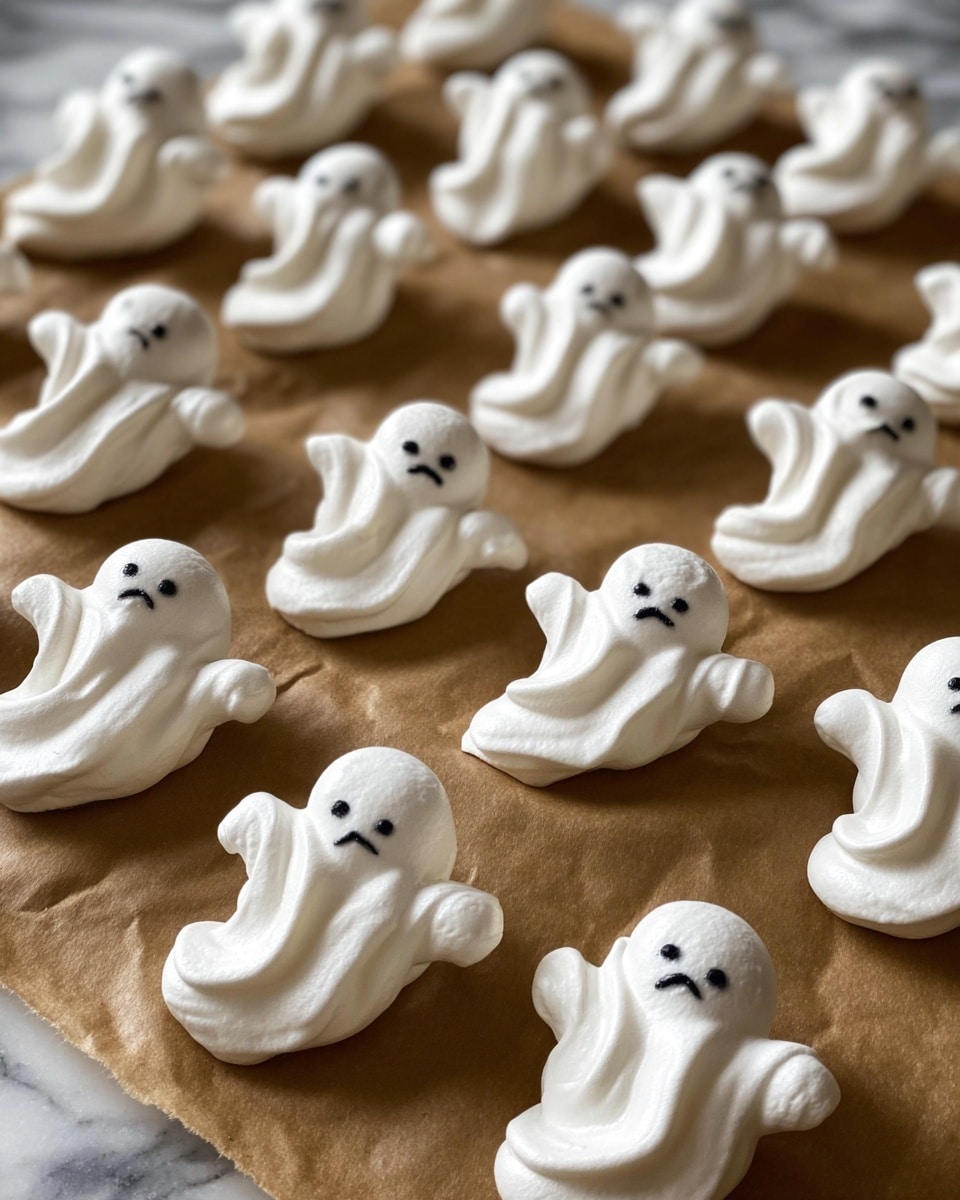 The image shows many small white meringue ghosts arranged neatly on brown parchment paper, each ghost shaped with a round head and a wavy body with three rounded bumps. Their faces have simple black eyes and mouths drawn with two dots and a short line, giving them a spooky expression. The texture is smooth and glossy, and the ghosts stand out against the brown paper. The photo is taken from a low angle, focusing on the nearest ghosts while the others fade softly in the background on a white marbled surface. photo taken with an iphone --ar 4:5 --v 7
