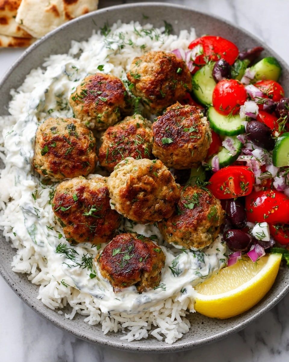 A round white plate sits on a white marbled texture, filled with three main parts. The bottom layer is a bed of white rice spread evenly across the plate. On top of the rice, there are eight golden-brown meatballs, each sprinkled with small green herb leaves, arranged mostly in the center and left side of the plate. Around and slightly under the meatballs, there are dollops of creamy white sauce with visible green herbs mixed in, adding texture and color contrast. On the right side of the plate, a fresh salad layer consists of bright red halved cherry tomatoes, green cucumber slices, dark purple olives, and small bits of white cheese, all mixed together. A lemon wedge with a bright yellow peel and pale yellow inside rests at the edge of the plate near the salad. photo taken with an iphone --ar 4:5 --v 7