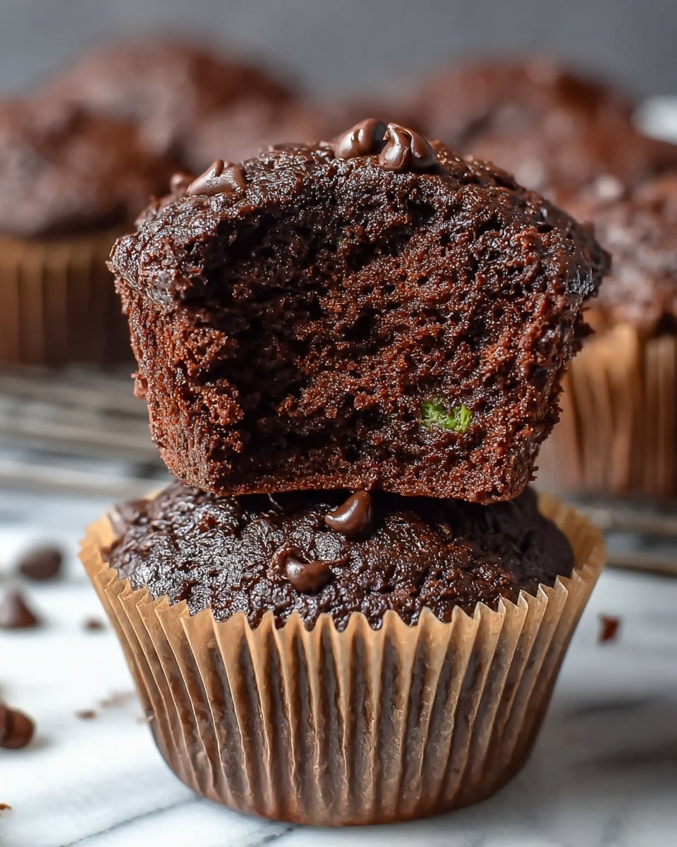 The image shows a close-up of two chocolate muffins stacked on top of each other on a white marbled surface. The bottom muffin has an opened brown paper wrapper that is slightly peeled back, revealing a dark brown, moist texture with small bits of chocolate chips embedded throughout. The top muffin is broken in half, showing a dense, rich, and crumbly interior with a moist texture and small green specks scattered inside. Both muffins are topped with small chocolate chips, adding a glossy contrast to the dark cake. The background features more muffins, blurred slightly to keep focus on the front ones. photo taken with an iphone --ar 4:5 --v 7