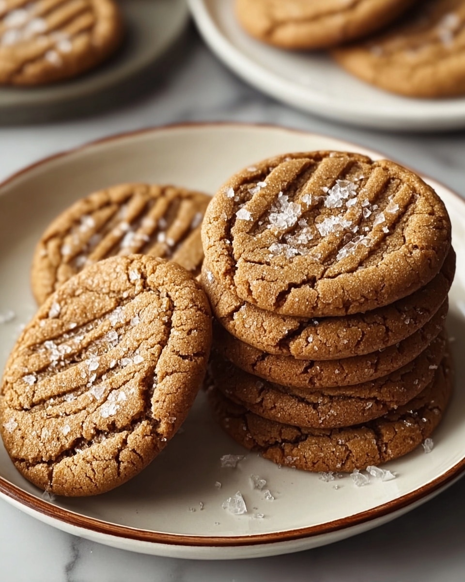 A stack of soft brown cookies with a cracked texture rest on a white plate with a thin brown rim, each cookie topped with coarse salt flakes and a crisscross fork pattern pressed into the surface, showing slight golden edges and a chewy center, set on a white marbled textured background with a partial view of another white plate holding more cookies in the back right corner, photo taken with an iphone --ar 4:5 --v 7