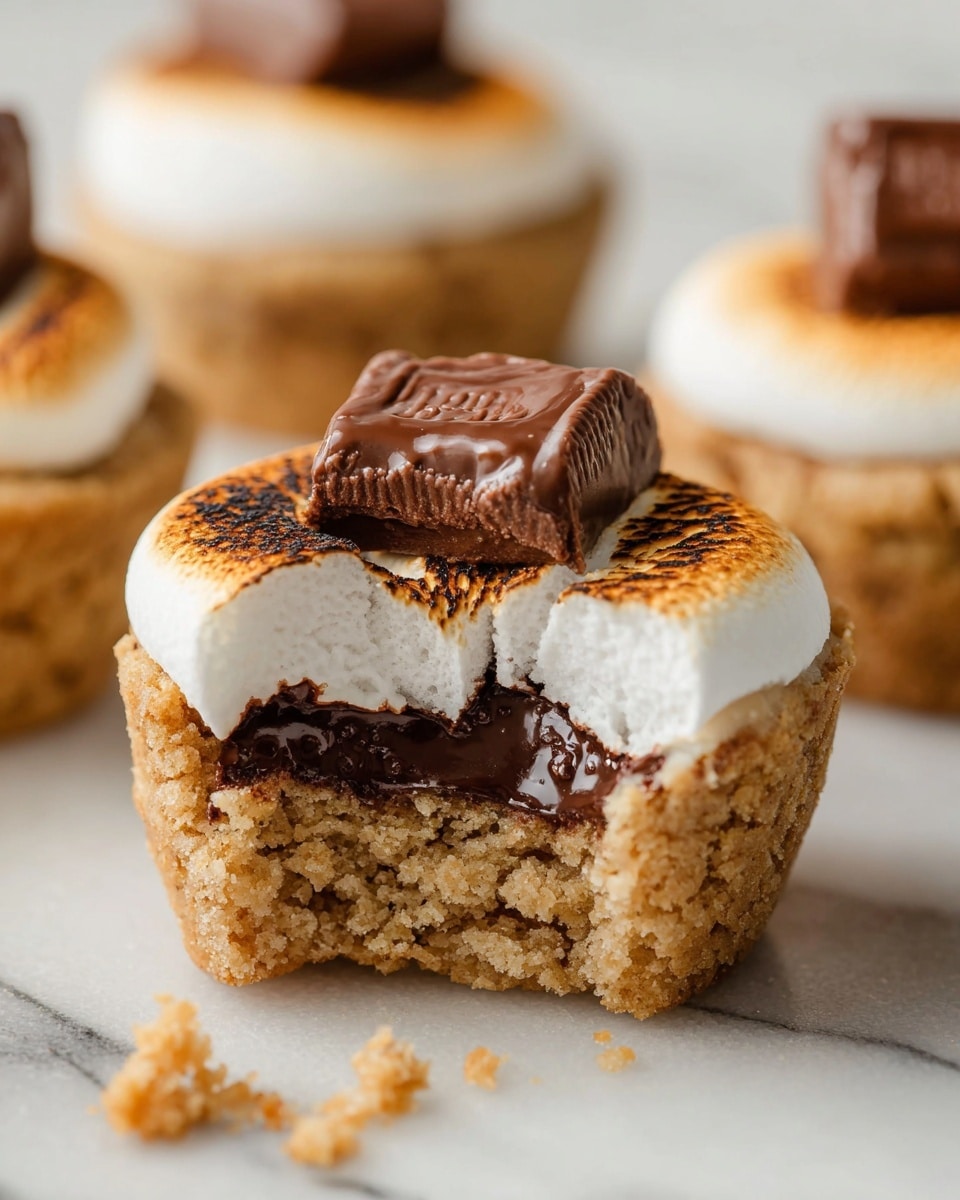 A close-up view of a small dessert with three layers: the bottom layer is a soft, crumbly light brown cookie base with a bitten edge showing the inside; on top of that is a thick, toasted white marshmallow layer with golden brown edges; the top layer is a piece of partially melted dark brown chocolate, slightly cracked with shiny melted spots, pressed into the marshmallow. The dessert sits on a white marbled surface with cookie crumbs scattered around. In the background, there are similar desserts slightly out of focus. Photo taken with an iphone --ar 4:5 --v 7