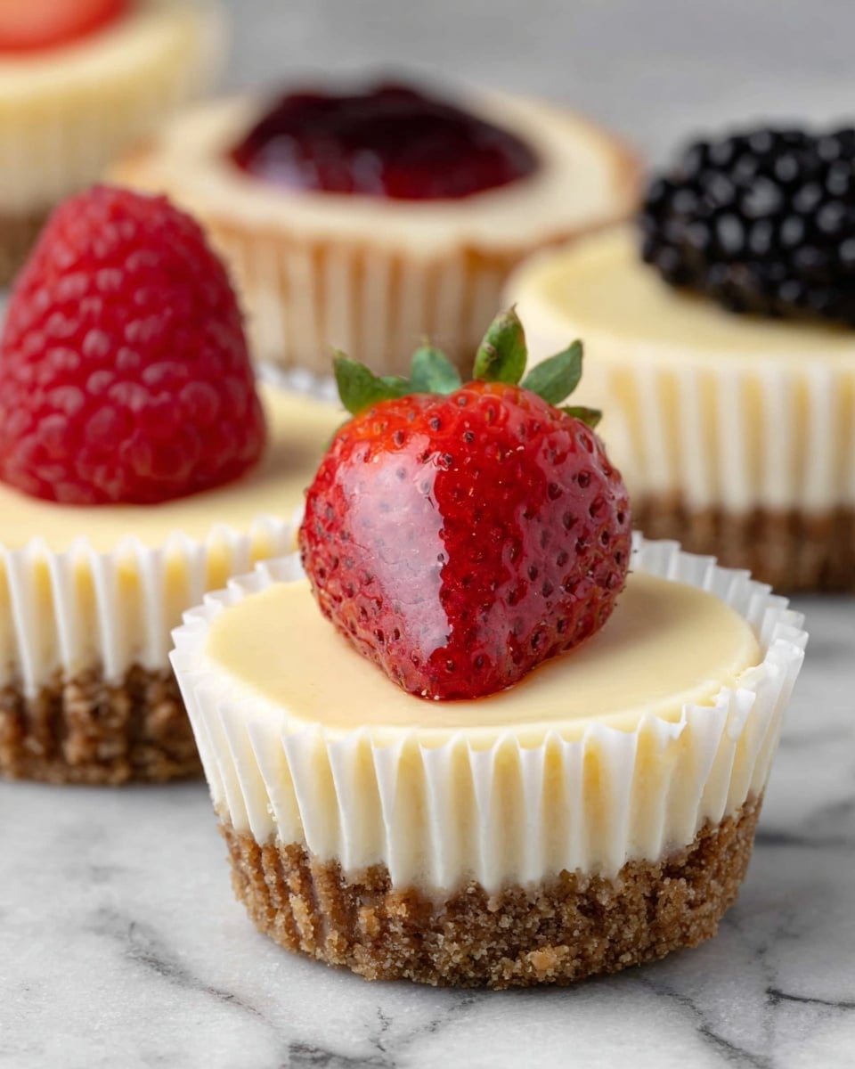 The image shows several mini cheesecakes in white paper cups on a white marbled surface. Each cheesecake has three layers: a bottom layer of crumbly brown crust, a thick middle layer of smooth pale yellow cheesecake filling, and a top layer featuring a different berry. The closest cheesecake has a shiny, red strawberry half with its green leaves on the smooth top. Behind it, one cheesecake has a bright red raspberry, and another has a black blackberry set on a bit of red sauce. The background is softly blurred. Photo taken with an iphone --ar 4:5 --v 7