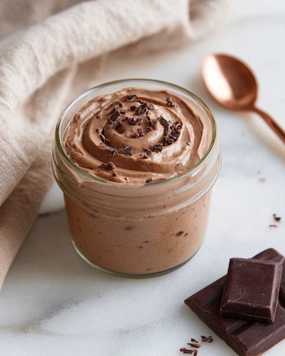 A small clear glass jar filled with light brown, creamy chocolate mousse. The mousse has a smooth texture with gentle swirls on top and small dark chocolate flakes sprinkled over it. The jar sits on a white marbled surface with a few pieces of dark chocolate and a copper-colored spoon beside it. In the background, there is a soft, beige and white cloth casually draped. photo taken with an iphone --ar 4:5 --v 7