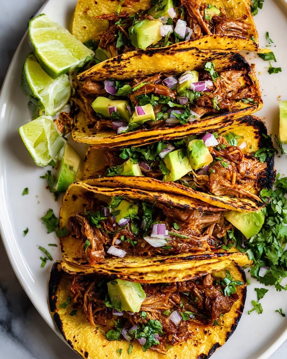 The image shows four corn tortillas, each toasted and folded in half with dark brown char marks on their yellow surfaces. Inside each tortilla, there is a layer of shredded, browned pulled meat, topped with small green avocado cubes and finely diced red onion. Fresh green cilantro leaves are sprinkled on top of the tacos and around them on the white plate. On the side of the plate, there are lime wedges and a small bunch of cilantro resting on a white marbled surface. The overall look is warm and fresh, with strong contrasts between the toasted tortillas, the colorful toppings, and the garnishes. photo taken with an iphone --ar 4:5 --v 7