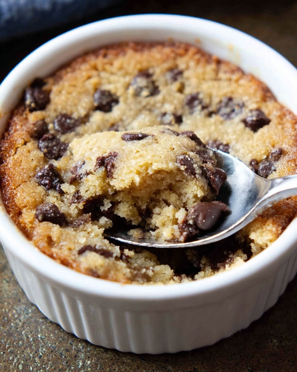 A close-up view of a single-layer cookie baked in a white ceramic ramekin, showing a golden-brown top with a slightly crunchy, crumbly texture and scattered dark chocolate chips embedded throughout. A metal spoon is scooping into the cookie, revealing a soft, chewy interior with a light tan color and a moist, crumbly texture beneath the baked surface. The ramekin sits on a rough-textured surface with a dark background visible in the upper left corner. photo taken with an iphone --ar 4:5 --v 7