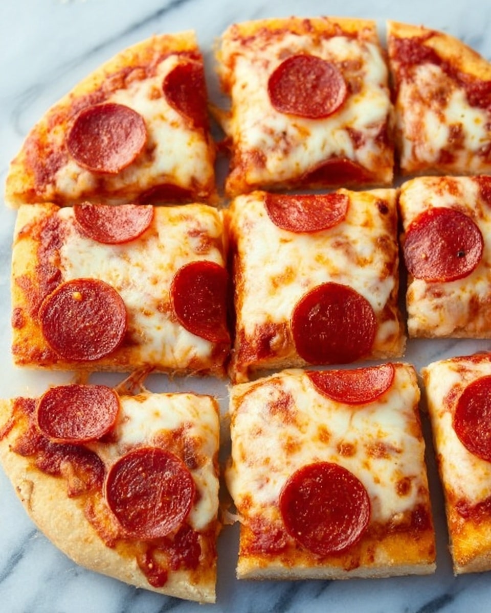 A pepperoni pizza cut into eight square slices is shown on a white marbled surface. The pizza has a thick, golden-brown crust around the edges. Each slice is topped with melted cheese that looks creamy and golden in spots, with tomato sauce visible beneath. Large round pepperoni slices of reddish-brown color are evenly placed across the pizza, with one slice having a single pepperoni and others having none or one. The texture of the crust appears soft on the inside and slightly crispy outside. Photo taken with an iphone --ar 4:5 --v 7