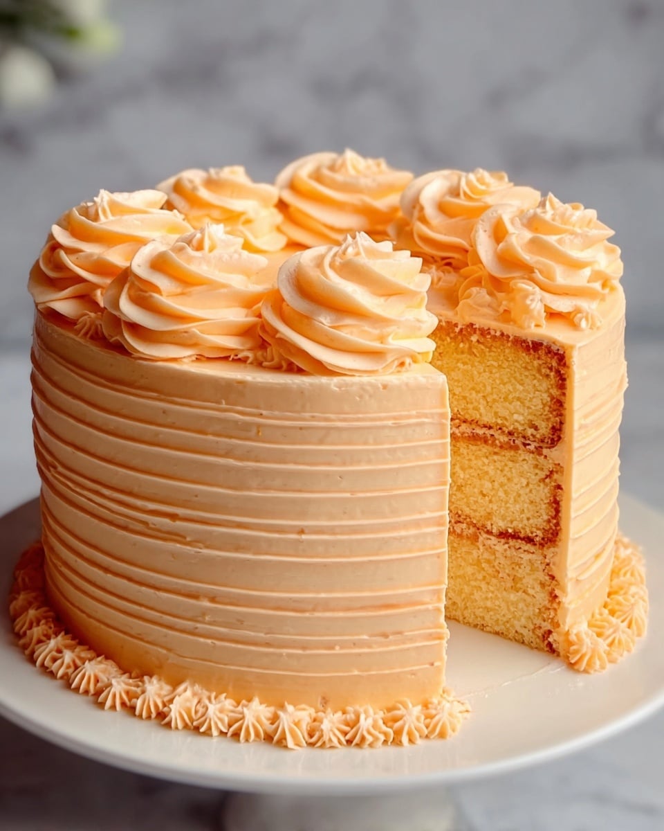 A four-layer yellow cake with smooth, light orange frosting between each layer and all over the outside. The sides and top are decorated with swirled rosettes of the same frosting, creating a floral pattern. The cake is placed on a white cake stand with a clear, ornate rim, set against a white marbled background with some green blurred leaves in the background. A slice is missing, showing the soft and moist texture inside of the yellow cake and creamy frosting in between. Photo taken with an iphone --ar 4:5 --v 7