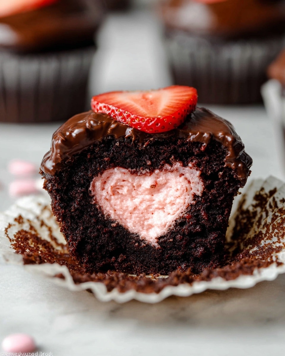 A close-up view of a chocolate cupcake cut in half showing three clear layers: the bottom dark, soft chocolate cake layer, the middle pale pink creamy strawberry filling shaped like a heart, and the top thick, glossy dark chocolate frosting layer. A small bright red strawberry slice sits on top of the frosting. The cupcake rests on a crumpled white paper liner with some crumbs around it, all set on a white marbled surface. In the background, blurred chocolate cupcakes are faintly visible. Photo taken with an iphone --ar 4:5 --v 7