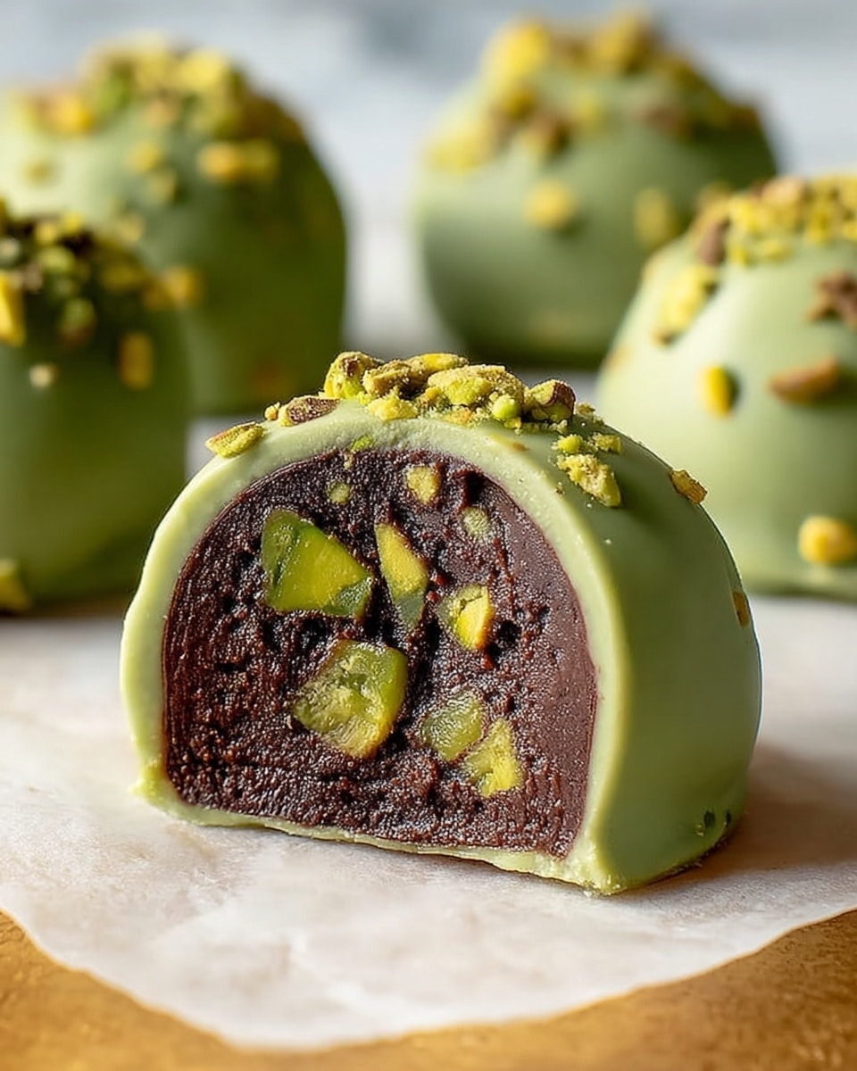The image shows a close-up of a round sweet treat with three layers: the outermost layer is a smooth, pale green coating with small yellow nut pieces embedded unevenly on the surface, the middle layer is a thin, slightly textured green shell, and the innermost layer is a rich, dark brown chocolate filling with chunks of green pistachios scattered inside. The cut piece reveals these layers clearly, sitting on white parchment paper with a white marbled background. In the background, there are three whole sweet treats coated in the same green layer, slightly out of focus, creating depth in the image. photo taken with an iphone --ar 4:5 --v 7