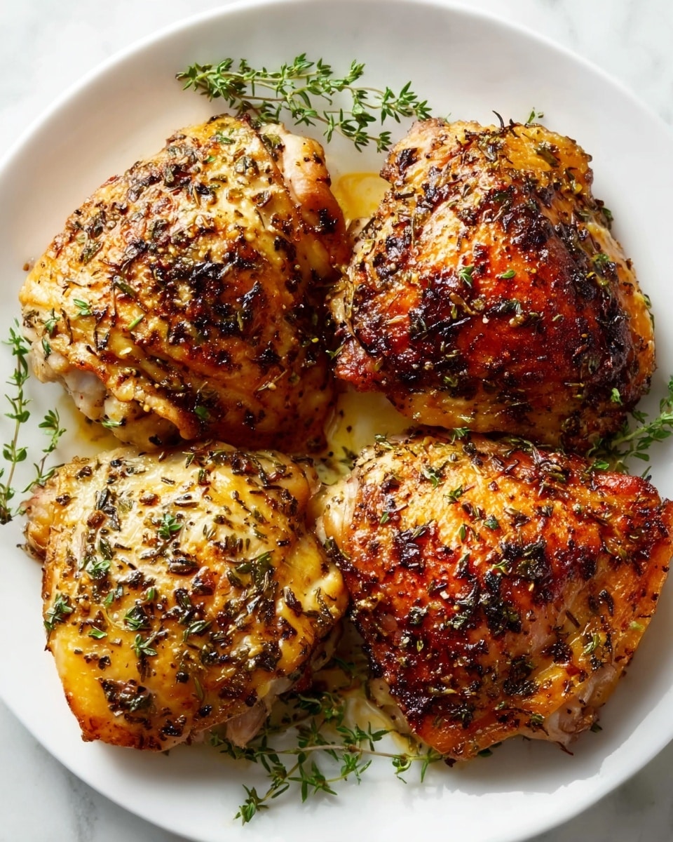 Four pieces of golden-brown chicken thighs with crispy skin, seasoned with herbs and spices, are arranged closely on a white plate. The chicken shows a mix of darker browned spots and lighter golden areas, highlighting the crispy texture. Small green sprigs of fresh thyme are scattered on and around the chicken, adding a touch of freshness and contrast. The plate sits on a white marbled surface, enhancing the warm, inviting colors of the meal. photo taken with an iphone --ar 4:5 --v 7
