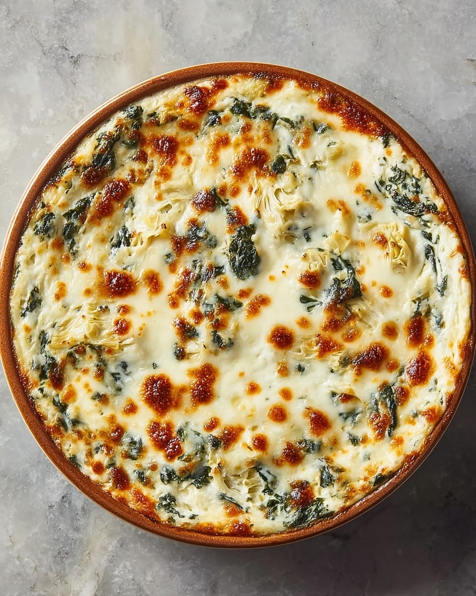 A round dish with one visible crust layer that is golden brown and firm, holding a thick top layer of melted cheese with browned spots all over. The cheese is creamy white with patches of green spinach leaves and chunks of pale yellow artichoke hearts mixed evenly beneath the bubbly, slightly browned cheese surface. The dish rests on a white marbled texture background. Photo taken with an iphone --ar 4:5 --v 7