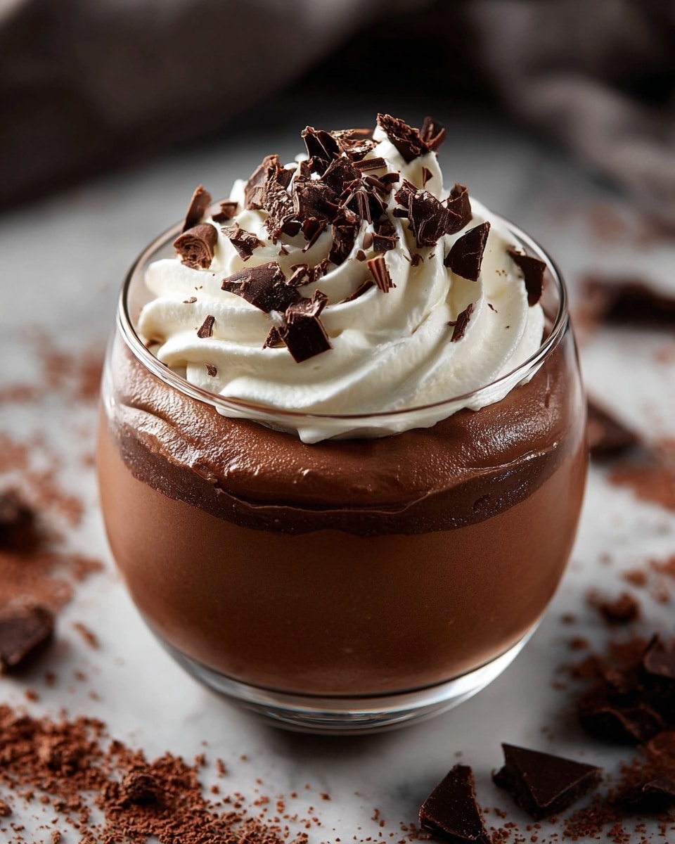 A glass bowl filled with two layers of smooth chocolate mousse; the bottom layer is a lighter milk chocolate shade, and the top layer is darker and glossy. On top, there is a thick swirl of white whipped cream, garnished with dark chocolate shavings of different sizes. Around the bowl, there are scattered bits of dark chocolate and cocoa powder on a white marbled surface, creating a rich, inviting scene. photo taken with an iphone --ar 4:5 --v 7