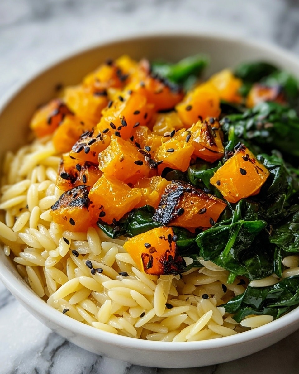 A close-up view of a bowl filled with three layers of food: the bottom layer is small, pale yellow orzo pasta with a smooth texture, the middle layer is dark green spinach leaves that look cooked and soft, and the top layer is bright orange roasted pumpkin cubes with some charred black spots and sprinkled with small black seasoning seeds. The bowl is white and rests on a white marbled surface. photo taken with an iphone --ar 4:5 --v 7