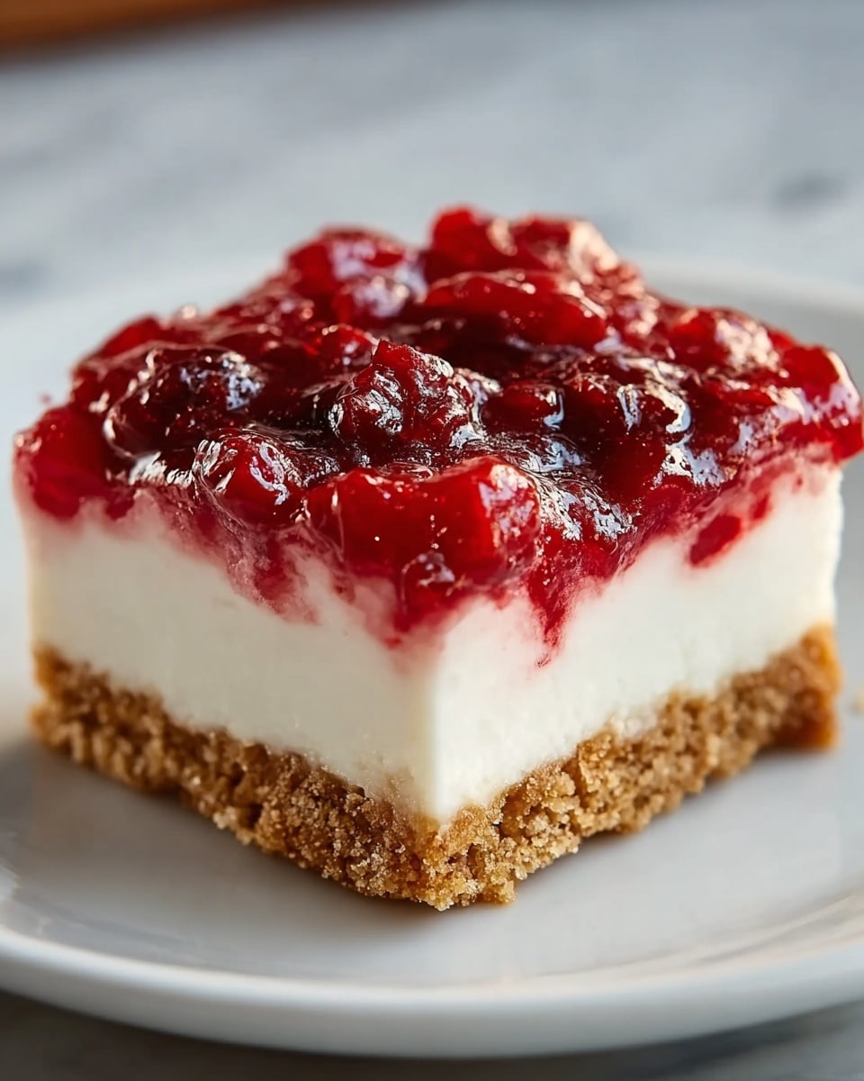 A close-up image of a three-layer dessert square sits on a glossy white plate placed on a white marbled surface. The bottom layer is a crumbly, light brown crust with a rough texture. The middle layer is thick, smooth, and creamy white, making up the majority of the dessert's height. The top layer is a glistening, chunky red fruit topping with whole and broken berries, giving it a shiny, slightly wet look. photo taken with an iphone --ar 4:5 --v 7
