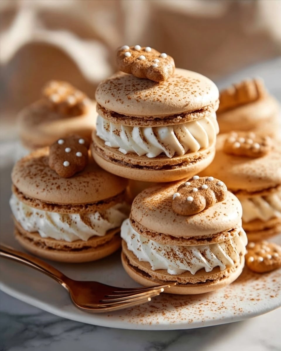 The image shows a group of light brown macarons stacked closely together on a white plate with a fork beside them, all placed on a white marbled surface. Each macaron has two smooth, round shells with a slightly crunchy texture and a creamy white filling in between, piped in a swirled pattern with a dusting of brown powder on top. On top of the macarons, there is a small decorative piece resembling a tiny cookie or biscuit with more cream dots underneath it. The lighting is warm and soft, highlighting the smoothness of the shells and the texture of the filling. photo taken with an iphone --ar 4:5 --v 7
