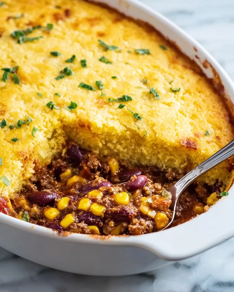 A white casserole dish holds a layered chili cornbread bake. The bottom layer is a thick mix of cooked ground beef, dark red kidney beans, bright yellow corn kernels, and some bits of diced tomatoes, showing a moist and rich texture. On top, a golden-yellow cornbread layer covers the entire dish, with a slightly browned and crispy edge visible around the sides. The cornbread surface is topped with small pieces of chopped green herbs scattered evenly. A silver spoon is dipped into the dish on the right side, revealing the inside layers. The background is a white marbled texture. photo taken with an iphone --ar 4:5 --v 7