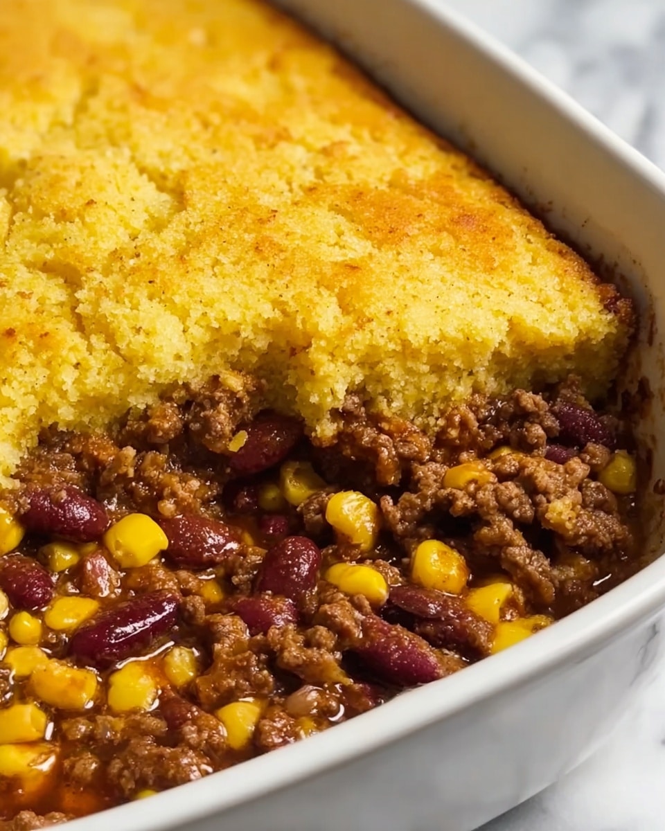The image shows a close-up view of a baked cornbread casserole in a white dish, with one corner missing to reveal the layers inside. The top layer is a thick, golden-yellow cornbread crust that looks crumbly and soft. Below the crust is a moist and rich filling made of cooked ground meat, mixed with bright yellow corn kernels and dark red kidney beans, all coated in a dark brown sauce. The filling looks chunky and slightly juicy, contrasting with the dry-looking cornbread layer on top. The dish sits on a white marbled surface. photo taken with an iphone --ar 4:5 --v 7