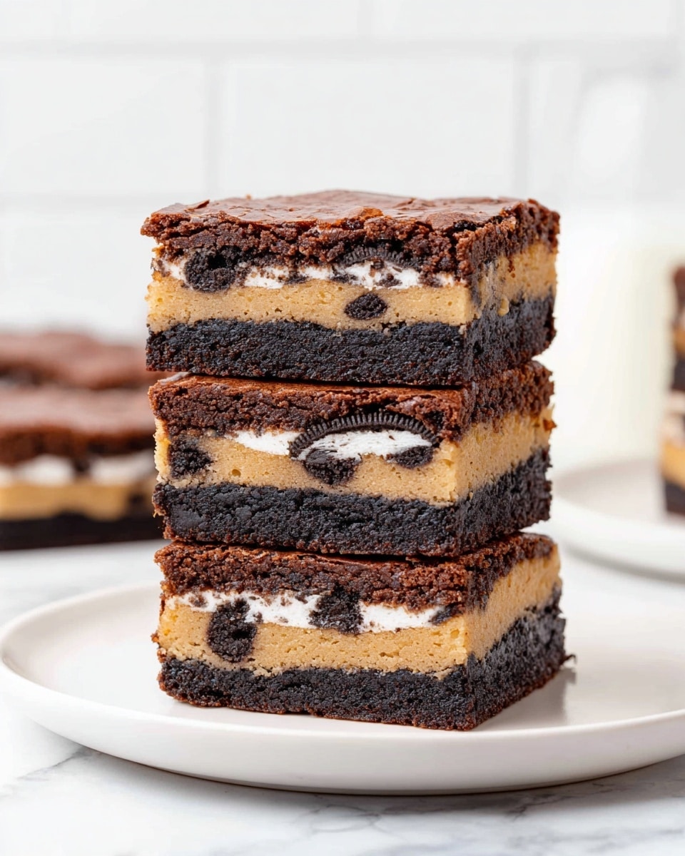 A stack of three square bars is shown on a white plate, each bar having three layers. The bottom layer is light tan, soft cookie dough with several medium chocolate chips visible inside. The middle layer is a dark brown Oreo cookie with a white cream center, clearly visible through the sides. The top layer is a rich, slightly cracked dark brown brownie with a smooth texture. The bars are neatly cut, showing distinct layers and clean edges. The background is a white marbled surface with a blurred white area behind, emphasizing the dessert's details. photo taken with an iphone --ar 4:5 --v 7
