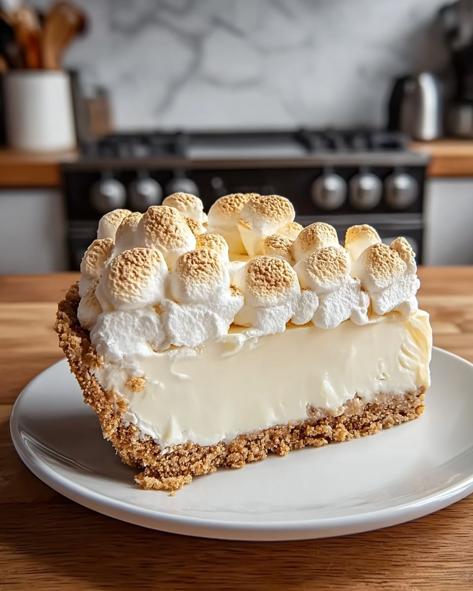 A slice of pie with three visible layers sits on a white plate. The bottom layer is a crumbly, light brown crust made of crushed biscuits, thick and firm. Above the crust is a thick, smooth, creamy white filling that looks soft and airy. The top layer consists of swirls of fluffy white whipped cream with small toasted marshmallows, which are slightly golden brown on top, making a soft, textured surface. The pie slice is placed on a wooden table with a kitchen stove blurred in the background, set against a white marbled texture. photo taken with an iphone --ar 4:5 --v 7