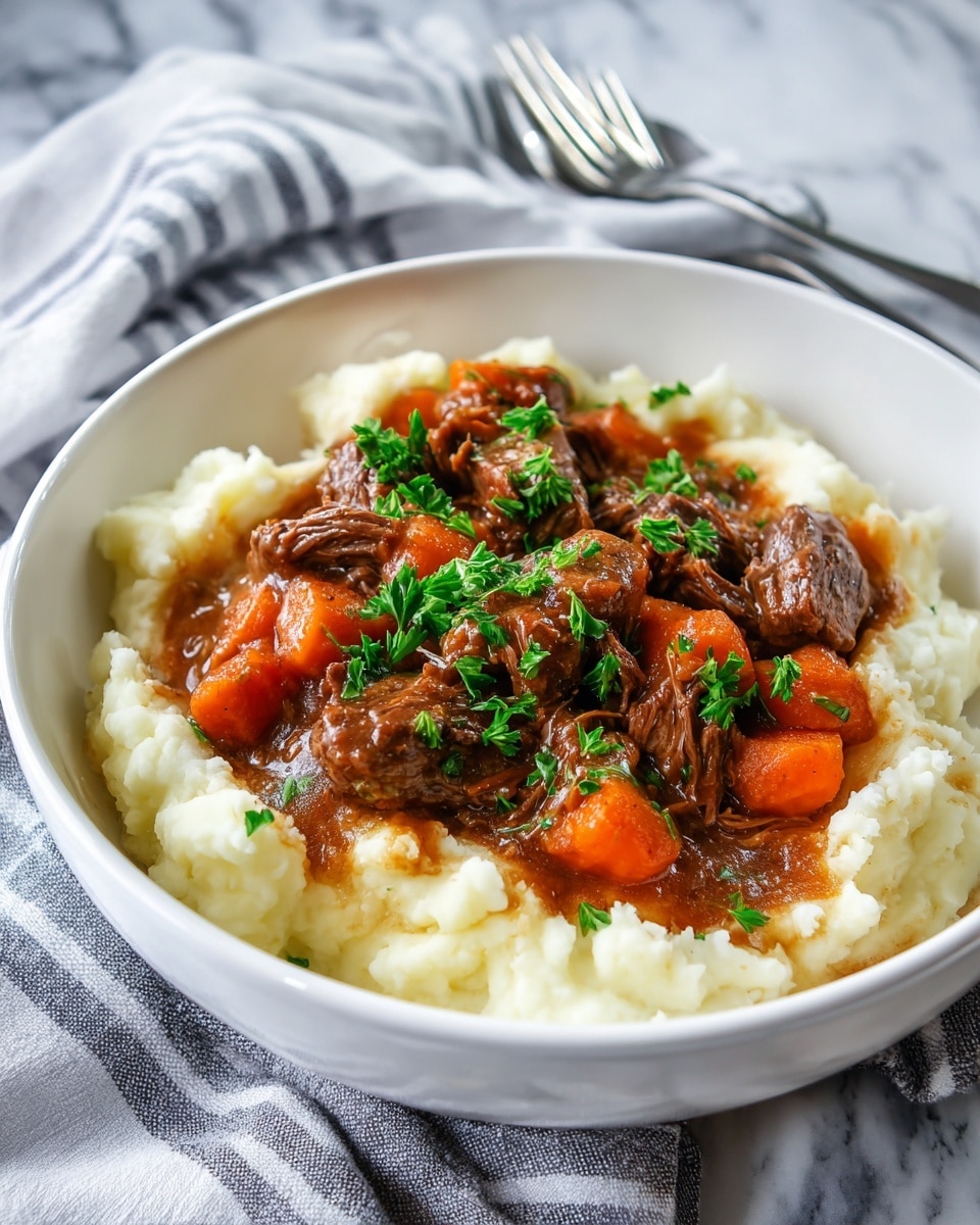 A white bowl filled with a thick base layer of creamy mashed potatoes that have a soft, slightly textured surface. On top of the mashed potatoes is a rich, brown beef stew layer with tender chunks of shredded beef and orange carrot pieces mixed in, all coated in a glossy gravy. The stew layer is garnished with fresh green parsley, adding a pop of color on top. The bowl sits on a white marbled surface, with a gray and white striped cloth and silver fork partially visible behind it. photo taken with an iphone --ar 4:5 --v 7