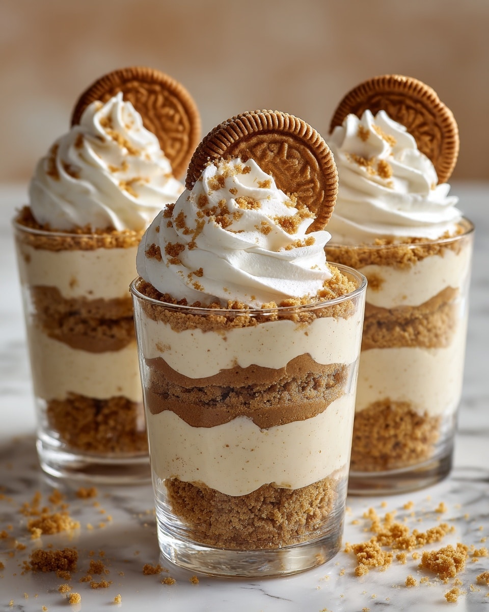 The image shows three clear plastic cups filled with layered dessert. Each cup has three layers: the bottom and middle layers are made of crumbly, light brown cookie crumbs, while the middle layer is a creamy, pale beige filling. On top, there is a tall swirl of white whipped cream sprinkled with more cookie crumbs. A round brown cookie with a pattern is pressed into the whipped cream at the center of each cup. All three cups are placed close together on a white marbled surface, with a warm and soft background blur. photo taken with an iphone --ar 4:5 --v 7