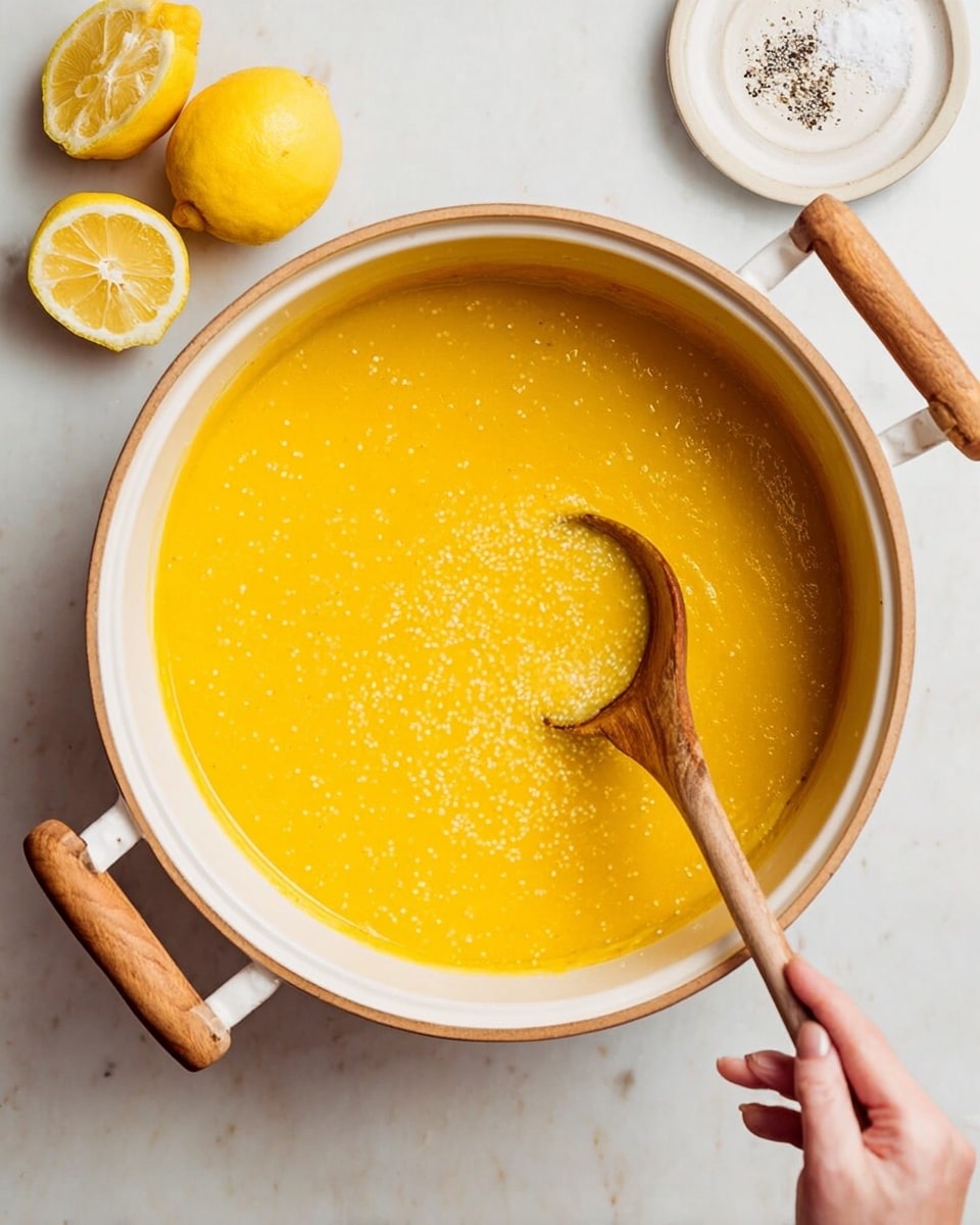A close-up view of a white pot filled with smooth, thick, bright yellow soup with small white grains inside. A wooden ladle held by a woman's hand scoops some soup in the center. The pot has wooden handles and rests on a white marbled surface. Above the pot, two halved bright yellow lemons and a small white plate with salt and black pepper are placed. photo taken with an iphone --ar 4:5 --v 7