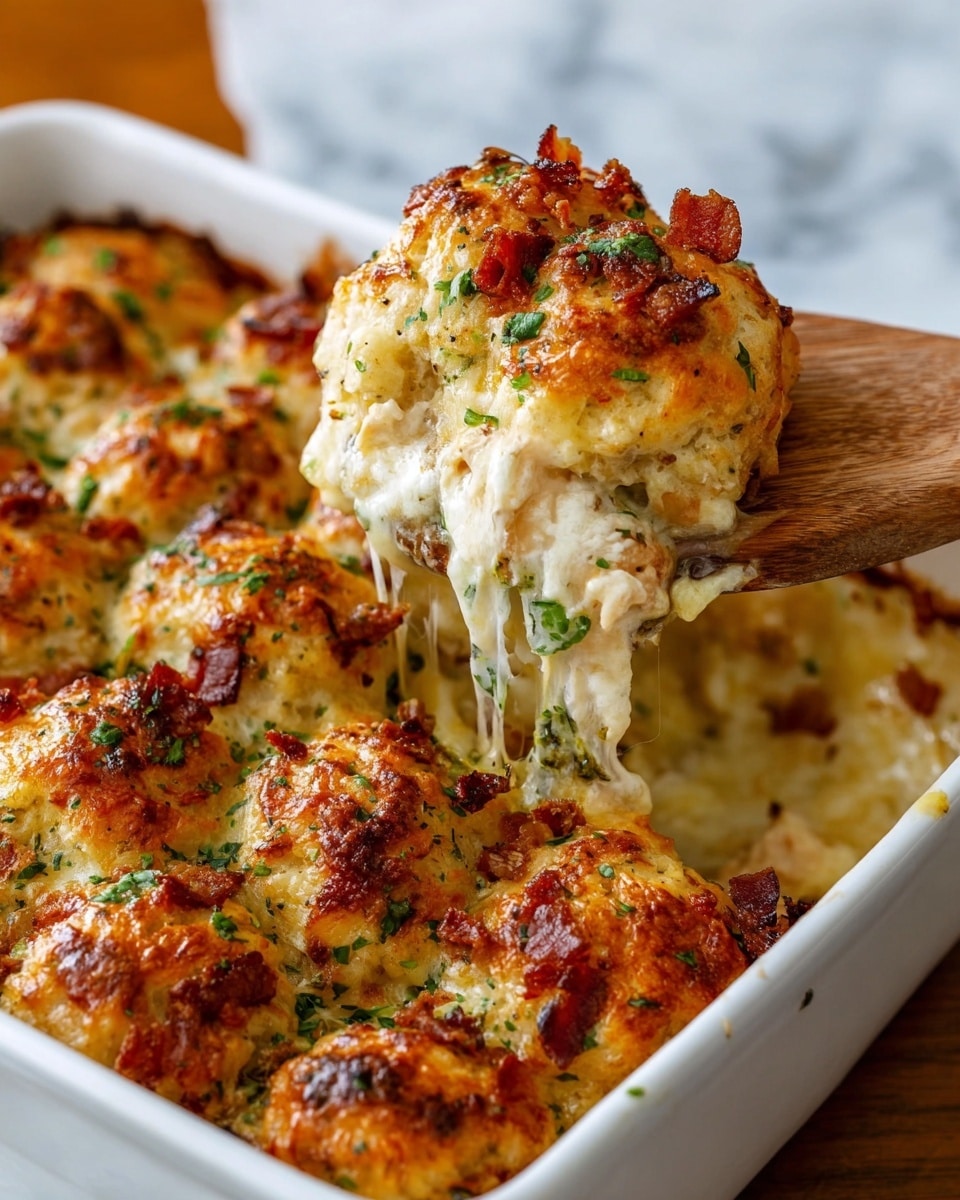 This image shows a close-up of a baked dish with a layer of golden-brown biscuit balls on top, each with a rough, slightly crusty texture and sprinkled with chopped green herbs and small crispy pieces of bacon. A wooden spatula lifts one biscuit ball, revealing melted, stretchy cheese and creamy white sauce inside with chunks of chicken. The dish is in a white rectangular baking dish set on a white marbled surface. photo taken with an iphone --ar 4:5 --v 7